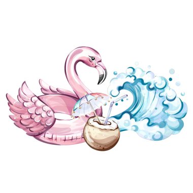 Parlak renkler hayata getirir pembe flamingo serinletici hindistan cevizi içeceğinin yanında, güneşli kumsal günlerini ve okyanus dalgalarıyla çevrili neşeli kutlamaları davet eder..