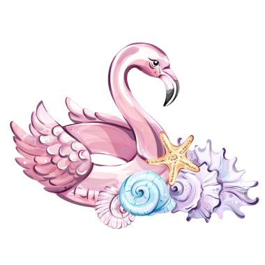 Canlı deniz kabukları ve deniz yıldızlarının arasında yüzen hoş pembe flamingo yaz tatili ve sahil maceralarının özünü yakalar. Plaj temalı kutlamalar için idealdir..