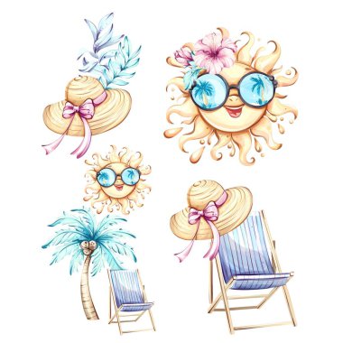 Lively design featuring a smiling sun wearing sunglasses and a sunhat, alongside a stylish beach chair and tropical palm trees, evoking thoughts of summer fun and relaxation