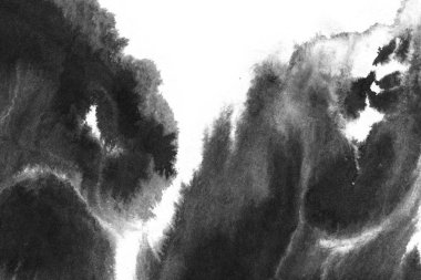 Soyut siyah mürekkep lekesi. Suluboya kağıdına Çin mürekkep arkaplanı. 