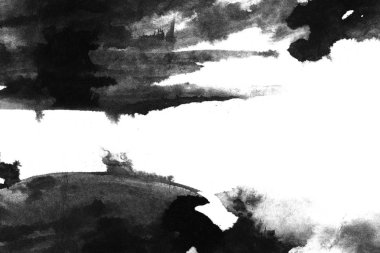 Soyut siyah mürekkep lekesi. Suluboya kağıdına Çin mürekkep arkaplanı. 