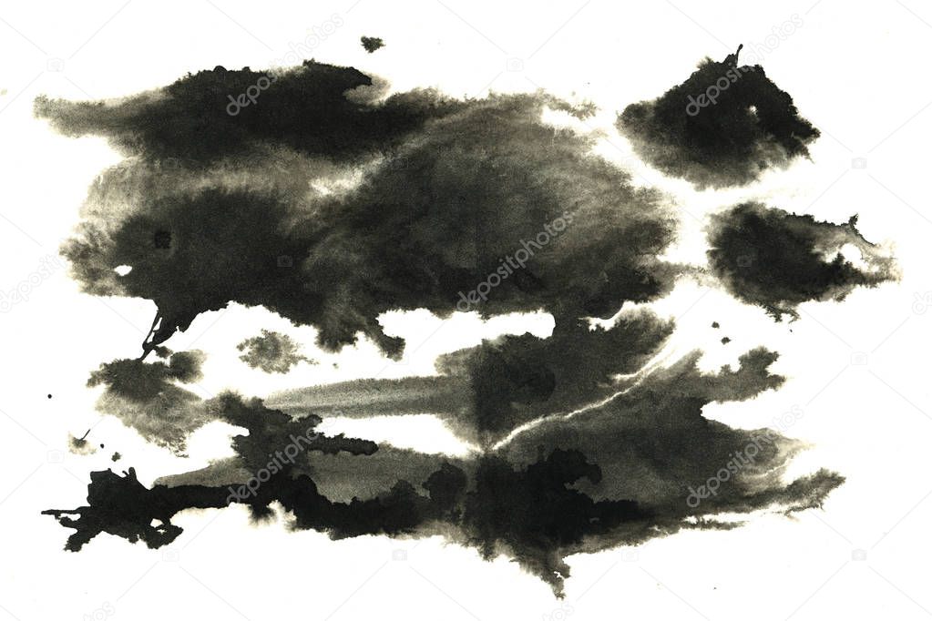 Abstract black ink stain. Chinese ink background on watercolor paper. 