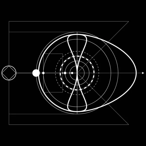 アパレルのための黒と白の神聖な幾何学的デザイン 神秘的な入れ墨のスケッチ ヒップスターのライナー アルケミカル記号 分離ベクトル図 — ストックベクタ