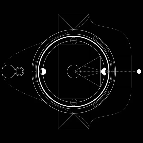 アパレルのための黒と白の神聖な幾何学的デザイン 神秘的な入れ墨のスケッチ ヒップスターのライナー アルケミカル記号 分離ベクトル図 — ストックベクタ
