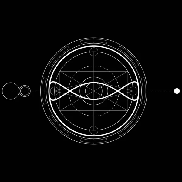 アパレルのための黒と白の神聖な幾何学的デザイン 神秘的な入れ墨のスケッチ ヒップスターのライナー アルケミカル記号 分離ベクトル図 — ストックベクタ