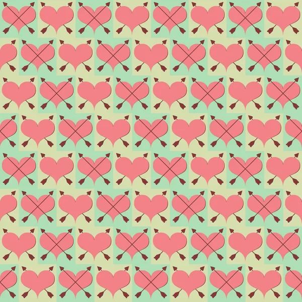 Seamless Green Geometric Pattern Hearts Cross Arrows Squares Vector Illustration — Stock Vector