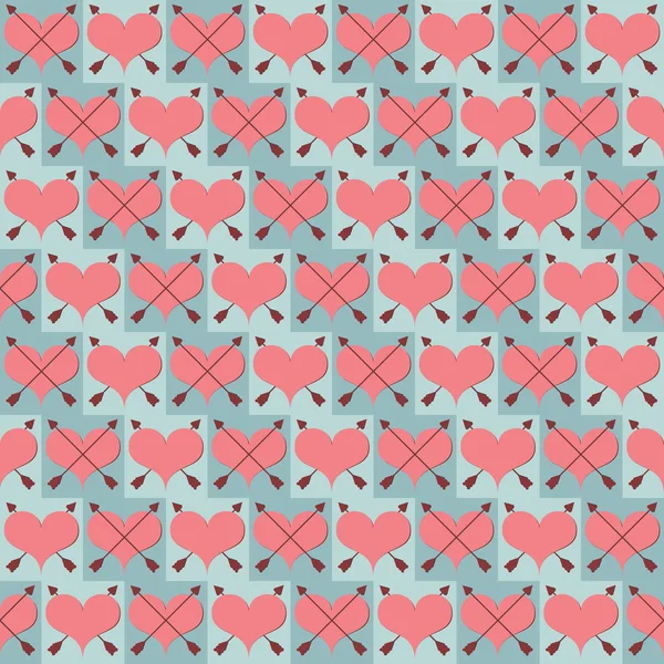 Nahtloses Blaues Geometrisches Muster Mit Herzen Kreuzpfeilen Und Quadraten Vektorillustration — Stockvektor
