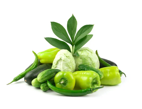 Légumes verts : choux, concombres, poivrons, courgettes et une branche verte avec des feuilles sur fond blanc. — Photo