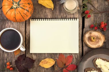 Balkabağı, Not Defteri, sandviç, kamera, sonbahar yaprakları ve böğürtlenli tabak..