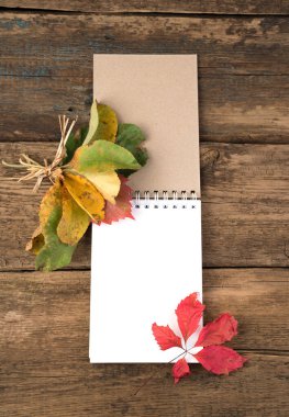 Not defteri ve sonbahar yaprakları doğal ahşap arka planda..