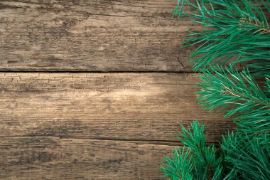 Doğal ahşap arka planda taze çam dallarından oluşan bir Noel arkaplanı..