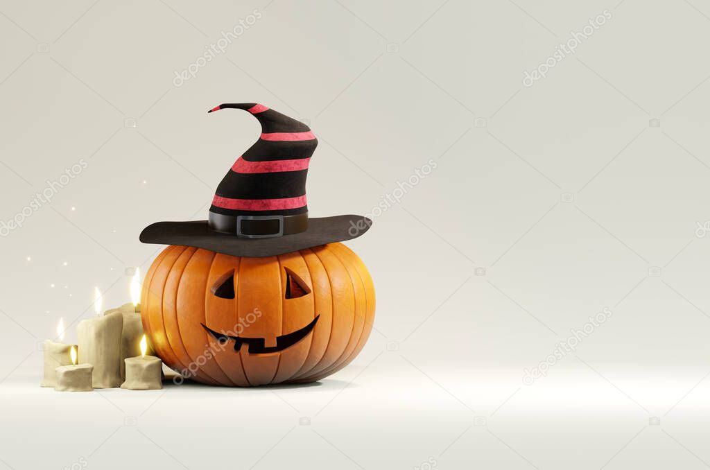A cheerful smiling pumpkin head in a witchs hat next to burning candles on a light background. 3D rendering.