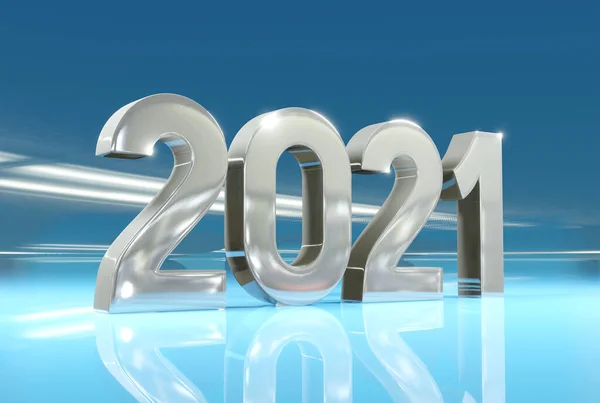 Happy new year 2021 and merry Christmas, silver numbers 2021 on a glossy blue background, 3D rendering. — Stock Photo, Image