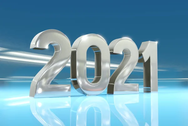 புத்தாண்டு வாழ்த்துக்கள் 2021 மற்றும் மகிழ்ச்சியான கிறிஸ்துமஸ், வெள்ளி எண்கள் 2021 ஒரு பிரகாசமான நீல பின்னணியில், 3D ரெண்டரிங் . — ஸ்டாக் புகைப்படம்