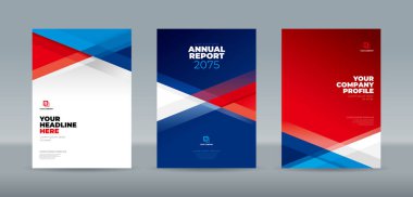 Yıllık raporlar, şirket profilleri, iş sunumları, broşürler ve koyu kırmızı, mavi ve beyaz soyut geometrik şekilli posterler için çarpıcı bir a4 boyutlu kitap kapağı şablonu.