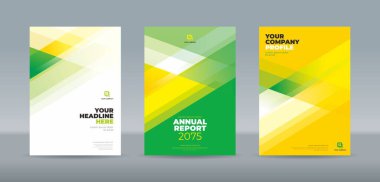 Yıllık raporlar, broşürler ve şirket profilleri için soyut geometrik tasarım içeren modern iş A4 kitap kapağı şablonu, dinamik yeşil, sarı ve beyaz kesişen şekiller