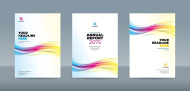 Profesyonel yıllık rapor, dergi, kitapçık, öneri, portföy, broşür için parlak beyaz arkaplan üzerinde yatay kalın dinamik dalga tasarımlarına sahip düzenlenebilir A4 kitap kapağı şablonları