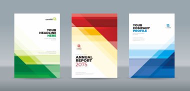 Kurumsal yıllık raporlar ve soyut yatay ve köşegen geometrik çizgileri kırmızı, sarı, yeşil ve mavi olan şirket profilleri için modern ve düzenlenebilir bir A4 kitap kapağı şablonu