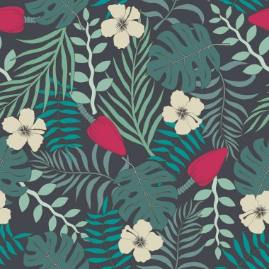 Palmiye yaprakları ve çiçekleri ile tropikal arka plan. Sorunsuz çiçek desenli. Yaz vektör çizim