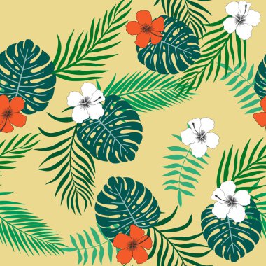 Palmiye yaprakları ve çiçekleri ile tropikal arka plan. Sorunsuz çiçek desenli. Yaz vektör çizim