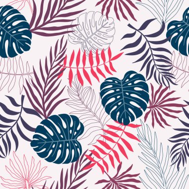 Palm ile tropikal arka plan bırakır. Sorunsuz çiçek desenli. Yaz vektör çizim