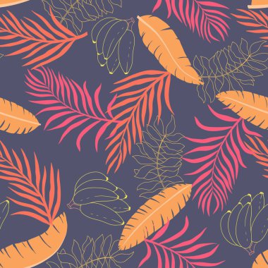 Palmiye yaprakları ve muz ile tropikal arka plan. Sorunsuz çiçek desenli. Yaz vektör çizim