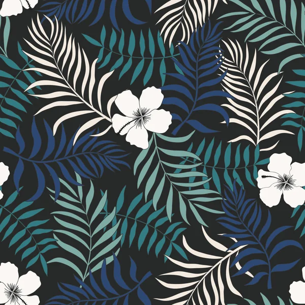 Tropisk Bakgrund Med Palm Lämnar Sömlös Blommönster Sommaren Vektorillustration — Stock vektor