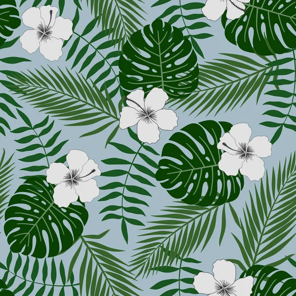 Tropischen Hintergrund Mit Palmblättern Und Blumen Nahtloses Blumenmuster Sommervektorillustration — Stockvektor