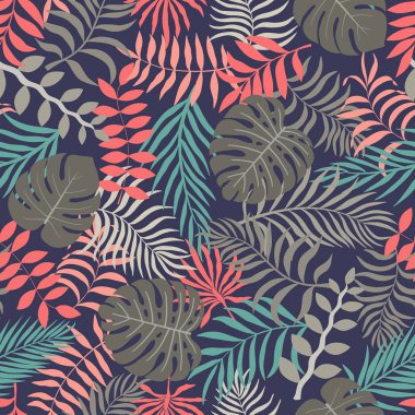 Palm ile tropikal arka plan bırakır. Sorunsuz çiçek desenli. Yaz vektör çizim