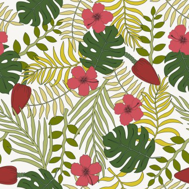 Palmiye yaprakları ve çiçekleri ile tropikal arka plan. Sorunsuz çiçek desenli. Yaz vektör çizim