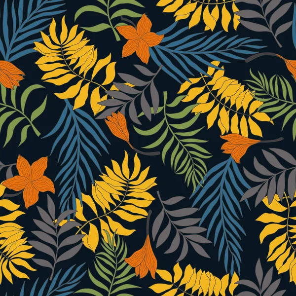 ヤシの葉と花を持つ熱帯の背景 シームレスな花柄 夏のベクトル図 — ストックベクタ