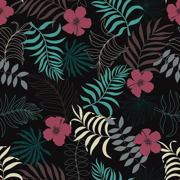 Tropická Pozadí Palmovými Listy Květy Květinový Vzor Bezešvé Letní Vektorové — Stockový vektor