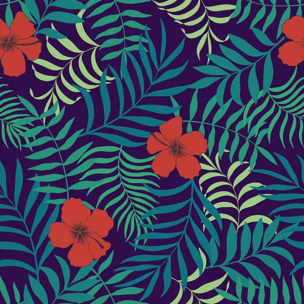 Tropischen Hintergrund Mit Palmblättern Und Blumen Nahtloses Blumenmuster Sommervektorillustration — Stockvektor