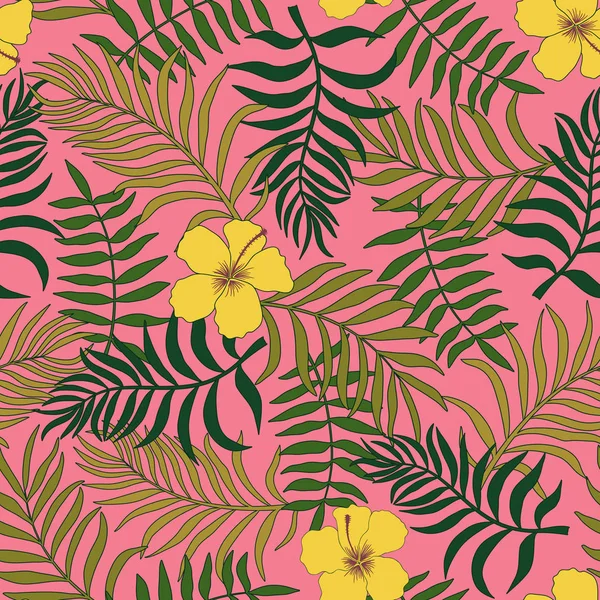 Tropischen Hintergrund Mit Palmblättern Und Blumen Nahtloses Blumenmuster Sommervektorillustration — Stockvektor