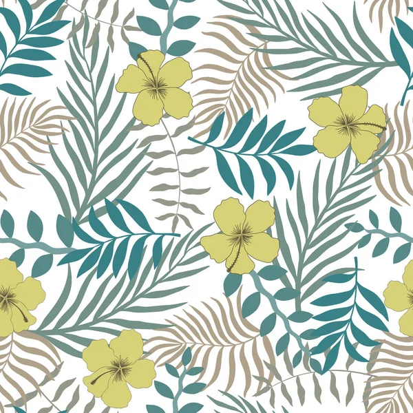 Tropischen Hintergrund Mit Palmblättern Und Blumen Nahtloses Blumenmuster Sommervektorillustration — Stockvektor