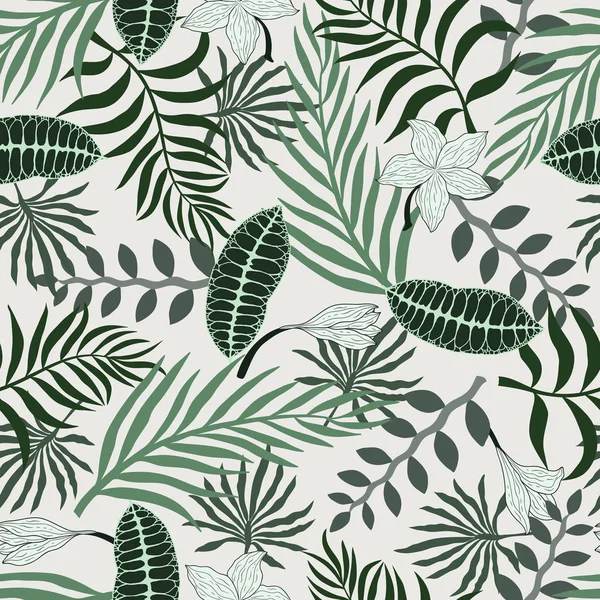 Palmiye yaprakları ve çiçekleri ile tropikal arka plan. Sorunsuz çiçek desenli. Yaz vektör çizim