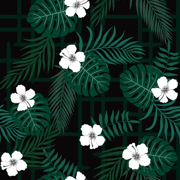 Fondo Tropical Con Hojas Palma Flores Patrón Floral Sin Costuras — Archivo Imágenes Vectoriales