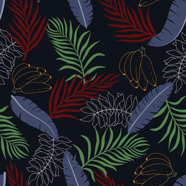 Tropischen Hintergrund Mit Palmblättern Und Bananen Nahtloses Blumenmuster Sommervektorillustration — Stockvektor