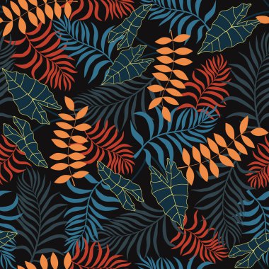 Palmiye yapraklı tropik bir arka plan. Kusursuz çiçek deseni. Yaz vektör illüstrasyonu. Düz orman izi