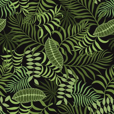 Palmiye yapraklı tropik bir arka plan. Kusursuz çiçek deseni. Yaz vektör illüstrasyonu. Düz orman izi