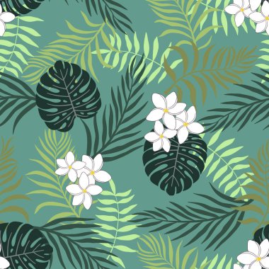Palmiye yaprakları ve çiçekleri ile tropikal arka plan. Sorunsuz çiçek desenli. Yaz vektör çizim