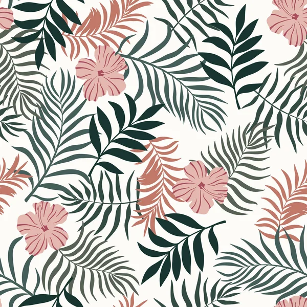 Tropischen Hintergrund Mit Palmblättern Und Blumen Nahtloses Blumenmuster Sommervektorillustration — Stockvektor