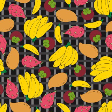 Tropikal meyve çizilmiş ile Dikişsiz soyut desen. Muz, mango, dragon meyve, mangosteen