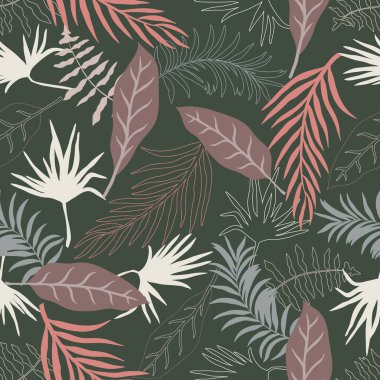 Palmiye yapraklı tropik bir arka plan. Kusursuz çiçek deseni. Yaz vektör illüstrasyonu. Düz orman izi