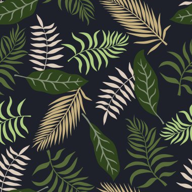 Palmiye yapraklı tropik bir arka plan. Kusursuz çiçek deseni. Yaz vektör illüstrasyonu. Düz orman izi