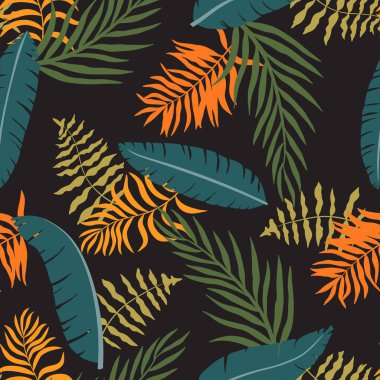 Palmiye yapraklı tropik bir arka plan. Kusursuz çiçek deseni. Yaz vektör illüstrasyonu. Düz orman izi