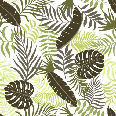 Palmiye yapraklı tropik bir arka plan. Kusursuz çiçek deseni. Yaz vektör illüstrasyonu. Düz orman izi