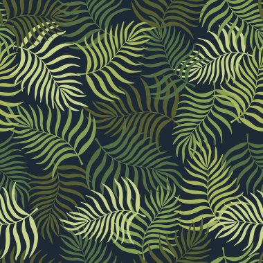 Palmiye yapraklı tropik bir arka plan. Kusursuz çiçek deseni. Yaz vektör illüstrasyonu. Düz orman izi