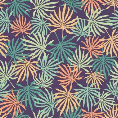 Palmiye yapraklı tropik bir arka plan. Kusursuz çiçek deseni. Yaz vektör illüstrasyonu. Düz orman izi