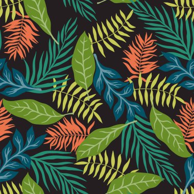 Palmiye yapraklı tropik bir arka plan. Kusursuz çiçek deseni. Yaz vektör illüstrasyonu. Düz orman izi